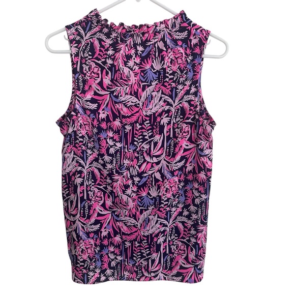 Lilly Pulitzer XS Pink Navy Blue Palm Print Ruffle V-Neck Sleeveless Top - Picture 3 of 3